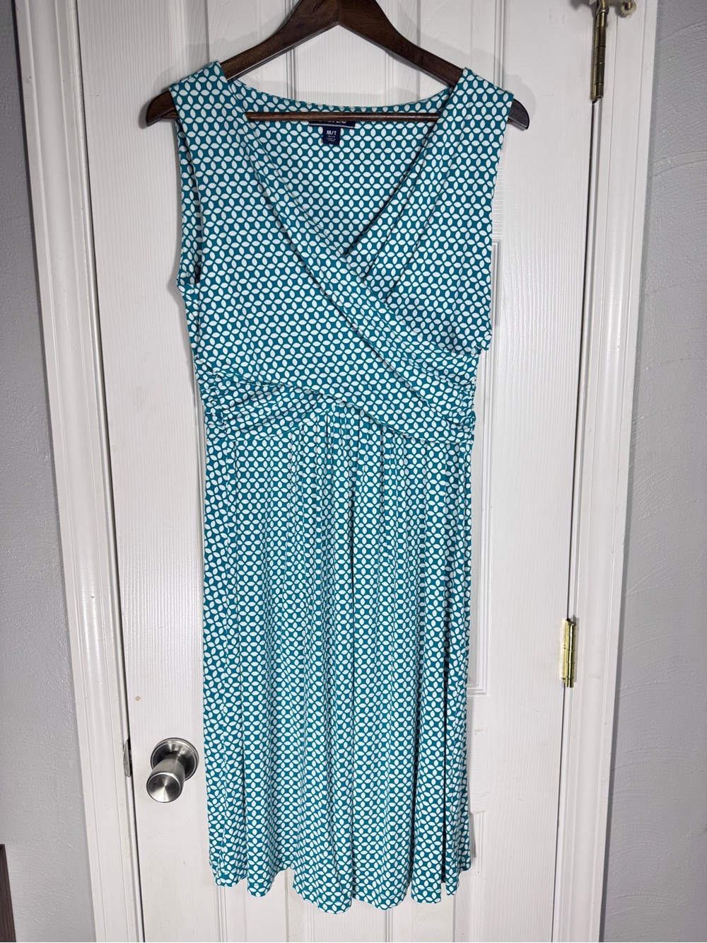 Lands’ End M/T 10-12 Teal Brilliant Aqua Geo Faux Wrap Fit & Flare Dress